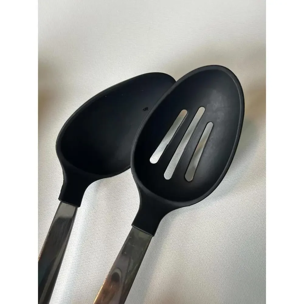 6 piece set of black silicone kitchen utensils with stainless steel handles